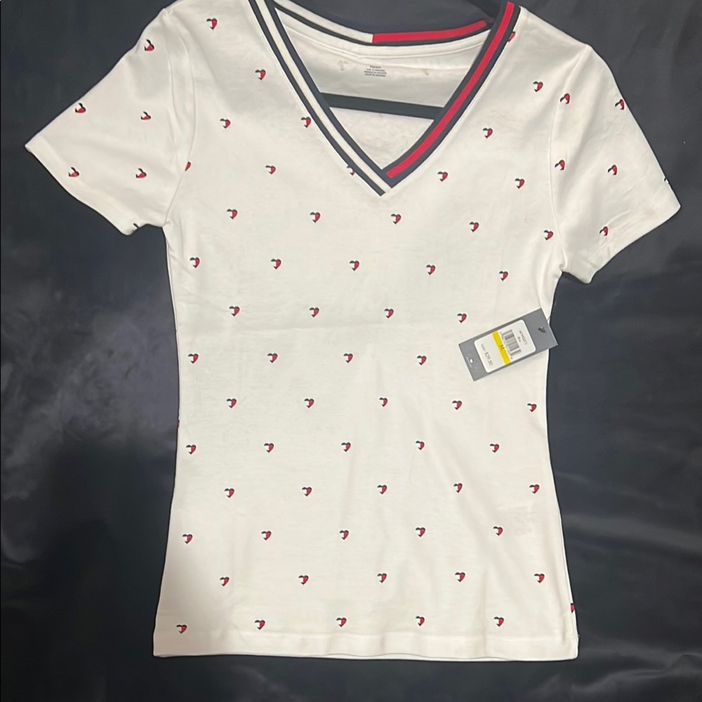 Tommy Hilfiger V-Neck White Red Fitted Short Sleeve T-Shirt Top July 4th NWT New